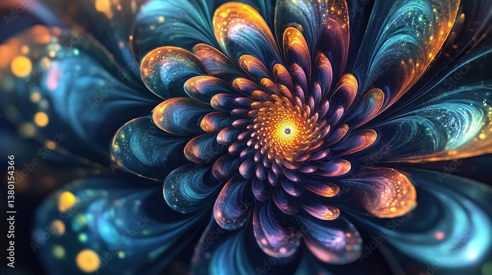 Abstract fractal flower with teal, orange, and purple petals. Abstract fractal flower with teal, orange, and purple petals.