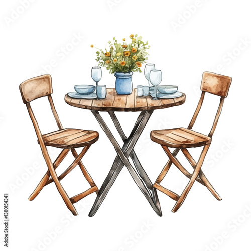 Watercolor dining table set on white background