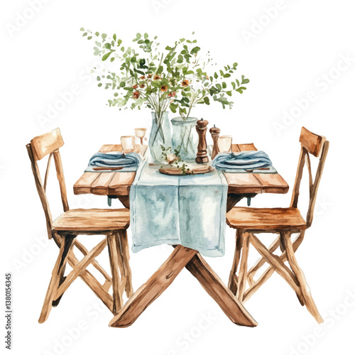 Watercolor dining table set on white background