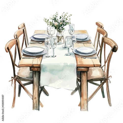 Watercolor dining table set on white background