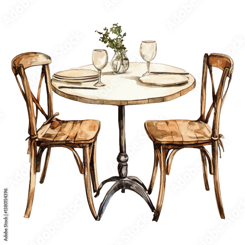 Watercolor dining table set on white background