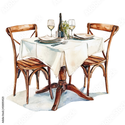 Watercolor dining table set on white background