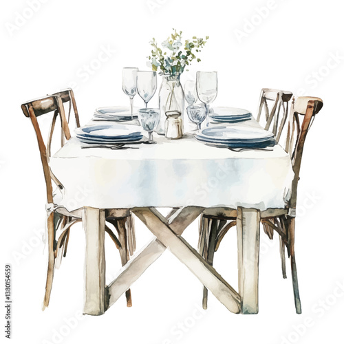 Watercolor dining table set on white background