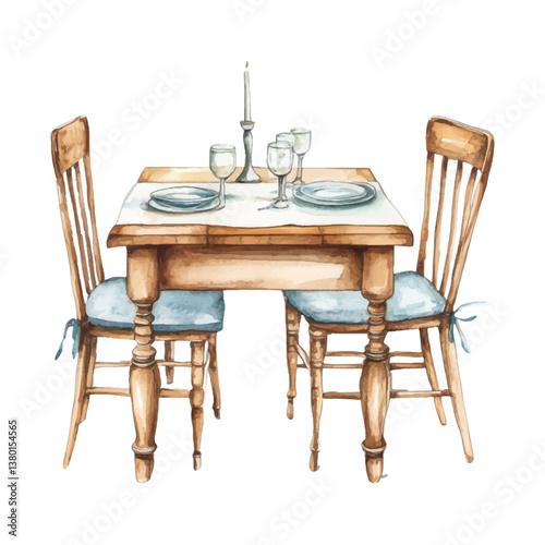 Watercolor dining table set on white background