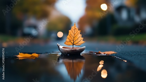 Fototapeta Naklejka Na Ścianę i Meble -  suburban street, water-filled hole, a small walnut shell with a candle made from an autumn leaf
