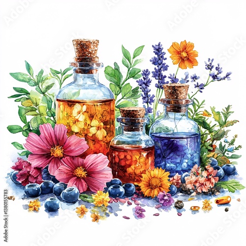 Colorful Herbal Extracts with Flowers and Berries on White Background