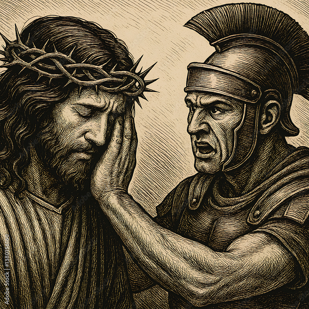 Fototapeta premium Roman Soldier Comforting Jesus Crown of Thorns Biblical Art Religious Artwork
