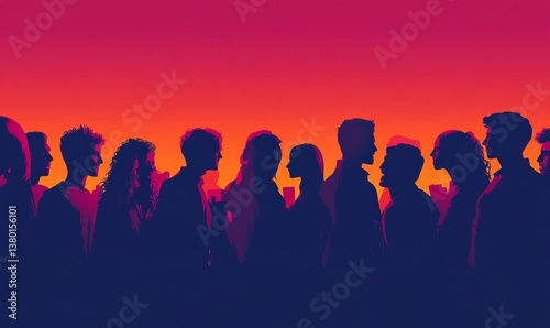 Stylized silhouette of crowd of people, casual mixed group of young adults hanging out, chatting or drinking gathered for nightlife event, simple minimal pop art style flat design , Generative AI