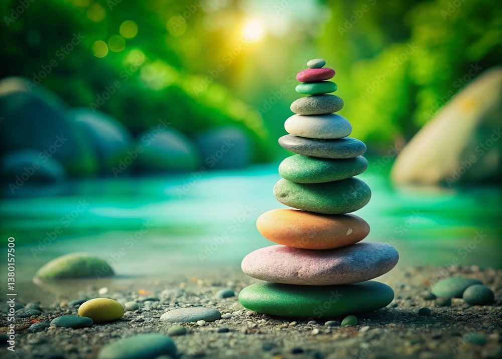 Obraz premium Balanced Stones on Pebble Beach, Shallow Depth of Field, Green Blurred Background