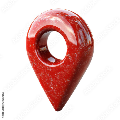 MarbleTextured Red Location Pin with Realistic Highlights on Transparent Background, cut out.