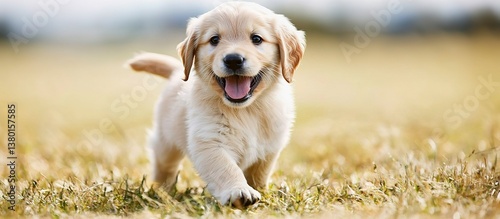A playful puppy dog with its mouth open in a grassy field