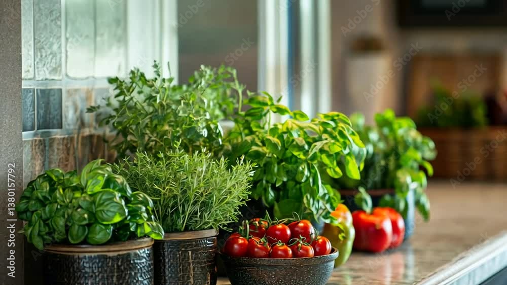 Fresh herbs and tomatoes displayed on a kitchen countertop, vibrant and ready for cooking.