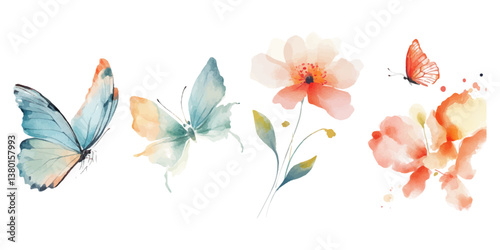 Watercolor vector design set of various watercolor-style floral and butterfly tattoo designs, isolated on a white background.