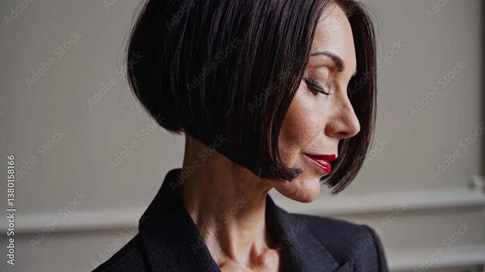 striking close-up of a mature woman with a sophisticated bob haircut and bold red lipstick, exuding quiet strength and timeless beauty. She wears a dark, textured blazer  