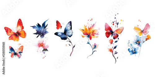 Watercolor vector design set of various watercolor-style floral and butterfly tattoo designs, isolated on a white background.