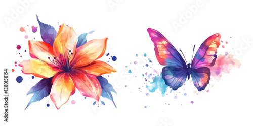 Watercolor vector design set of various watercolor-style floral and butterfly tattoo designs, isolated on a white background.