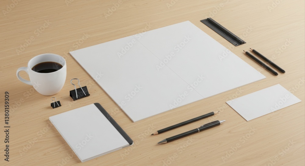 Blank stationery set on a light wood surface Blank stationery set on a light wood surface