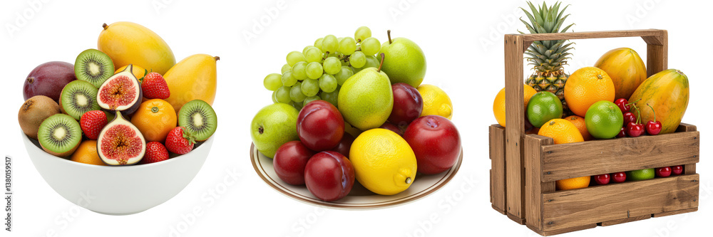 Three arrangements of fresh fruit a bowl, a plate, and a wooden crate. Three arrangements of fresh fruit a bowl, a plate, and a wooden crate.