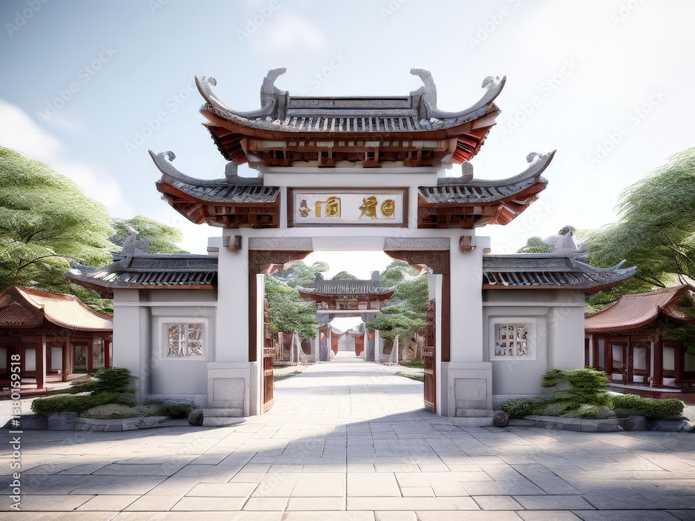 an AI Image Generator, Traditional Chinese Gate in a Serene Courtyard an AI Image Generator, Traditional Chinese Gate in a Serene Courtyard