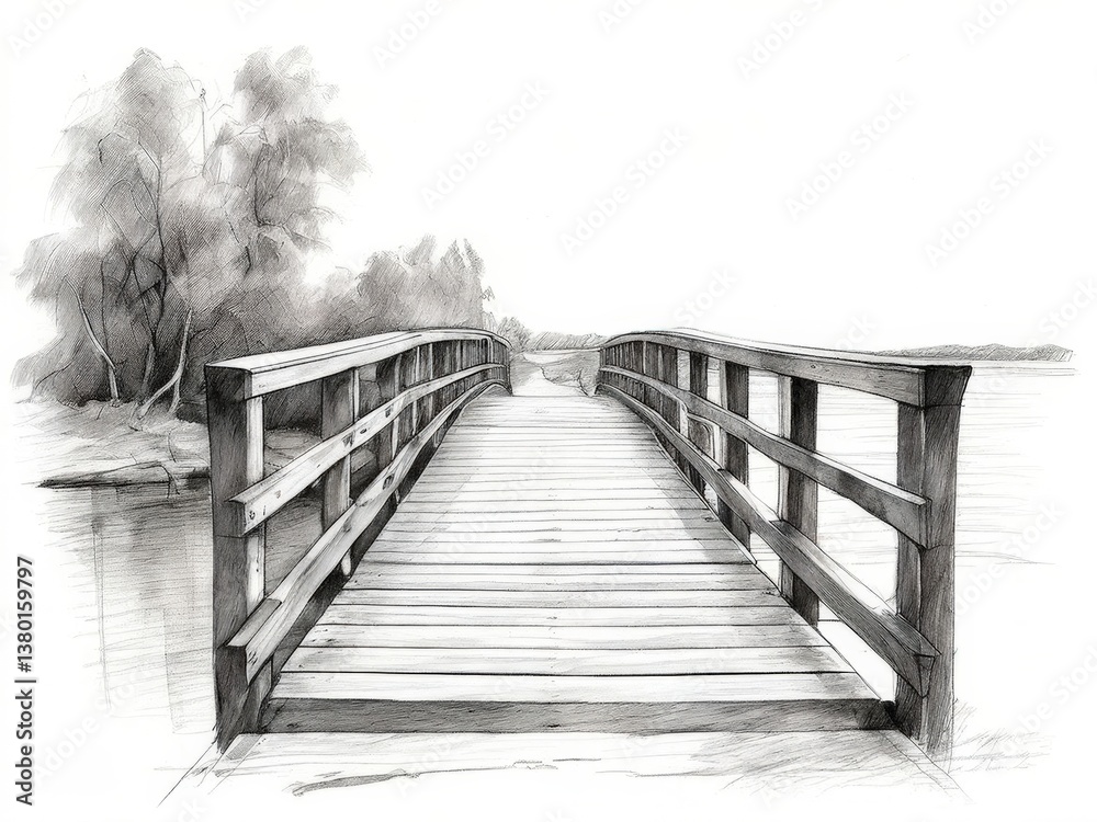 Obraz premium an AI Image Generator, Detailed Sketch of a Wooden Bridge Over