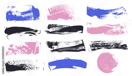 Set of abstract brush stroke paint background pink, blue, black grunge paint roller on art canvas. Black stripes, paintbrush set. Modern art textured shape. Vector distressed banner, frames, boxes.