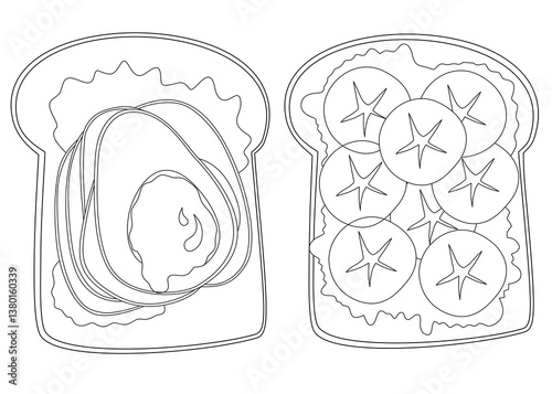 hand drawn vector illustration toast avocado and banana coloring page