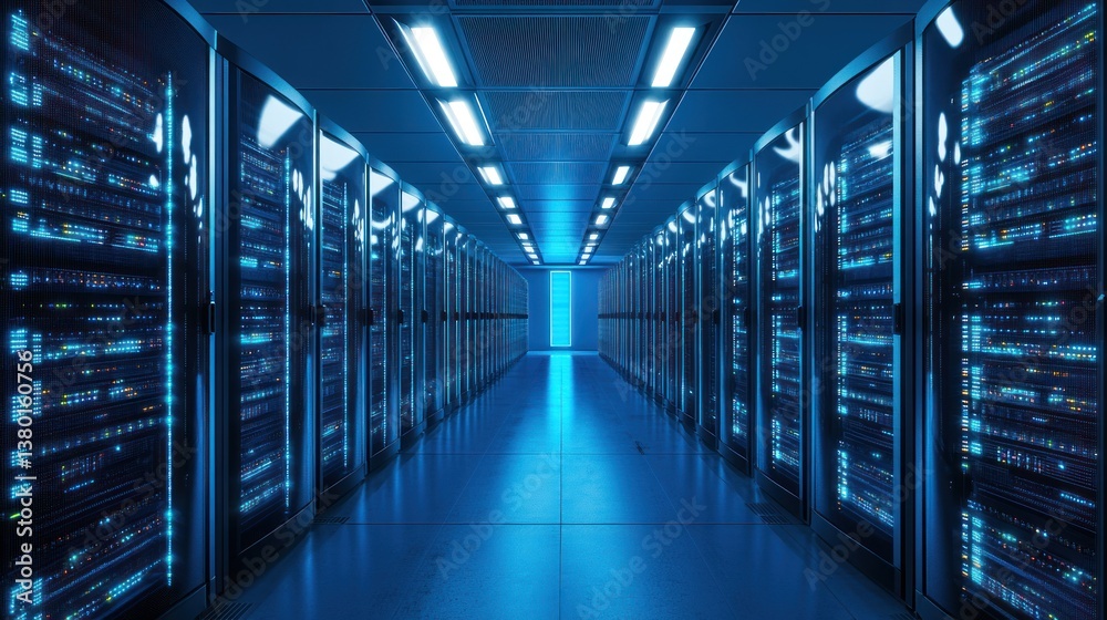 A server room, modern and well-lit. Rows of computer servers, with illuminated panels, stretch into the distance A server room, modern and well-lit. Rows of computer servers, with illuminated panels, stretch into the distance