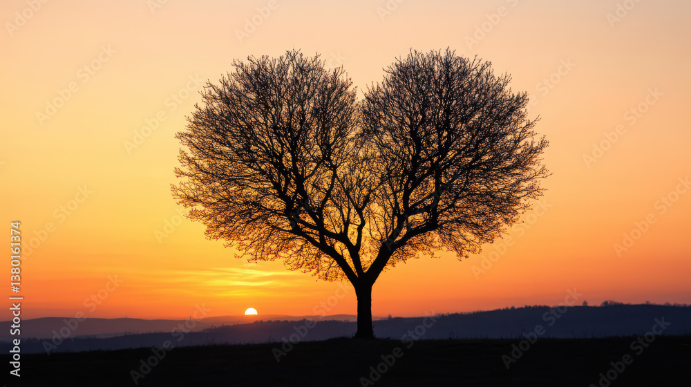 Romantic Sunset Embracing Heart-Shaped Tree Silhouette, Symbolizing Love and Warmth in Nature's Embrace Romantic Sunset Embracing Heart-Shaped Tree Silhouette, Symbolizing Love and Warmth in Nature's Embrace