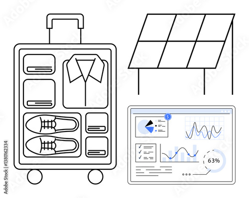 Travel suitcase arranged with clothing and shoes, solar panel generating energy, digital dashboard with performance data graphs. Ideal for sustainability, travel, energy management, data analytics