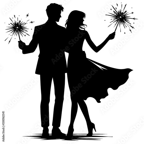 Couple with sparklers celebrating in silhouette
