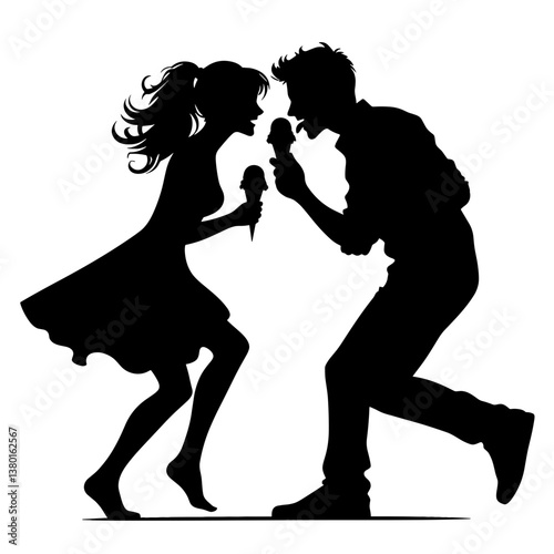 Happy couple eating ice cream silhouette