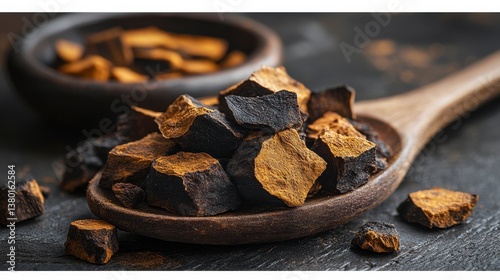 Chaga chunks in a wooden spoon, with bowl, brown, and dark texture