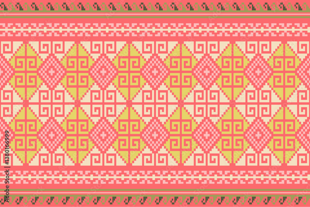 Floral Ikat pattern embroidery border.Embroidery ethnic oriental pixel art pattern.Aztec style,abstract background vector illustration.design for texture,fabric,clothing,print