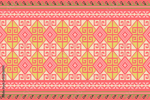 Obraz na płótnie Floral Ikat pattern embroidery border.Embroidery ethnic oriental pixel art pattern.Aztec style,abstract background vector illustration.design for texture,fabric,clothing,print w salonie
