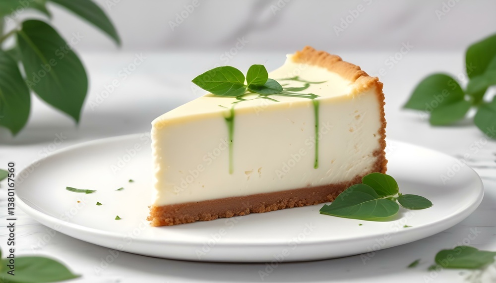 A digital art image shows a slice of cheesecake on a white surface, decorated with green leaves and white cream A digital art image shows a slice of cheesecake on a white surface, decorated with green leaves and white cream