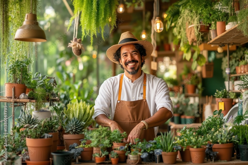 A man in an apron and hat standing in front of a variety of plants A man in an apron and hat standing in front of a variety of plants