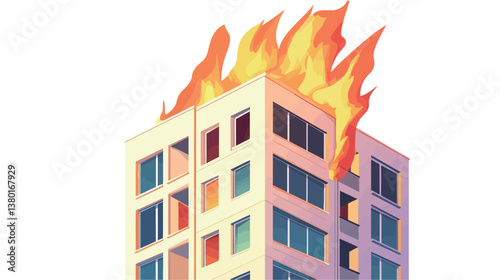 Intense and dramatic vector graphic design depicting a fire in a modern multi-storey residential building, illustrating the urgency and danger of an emergency situation. 