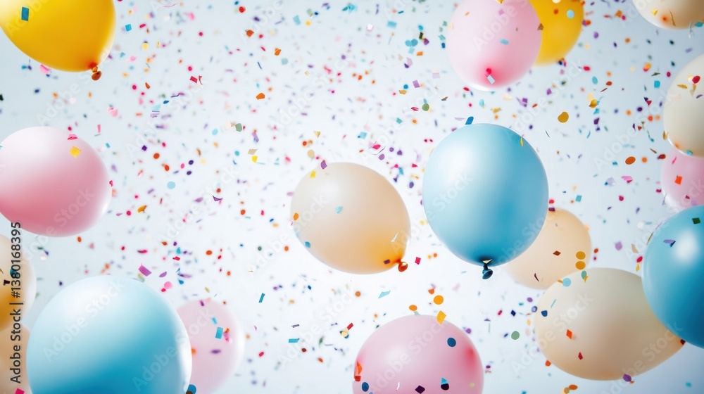 Floating balloons and colorful confetti create a festive atmosphere for celebrations in pastel colors on a bright white background Floating balloons and colorful confetti create a festive atmosphere for celebrations in pastel colors on a bright white background