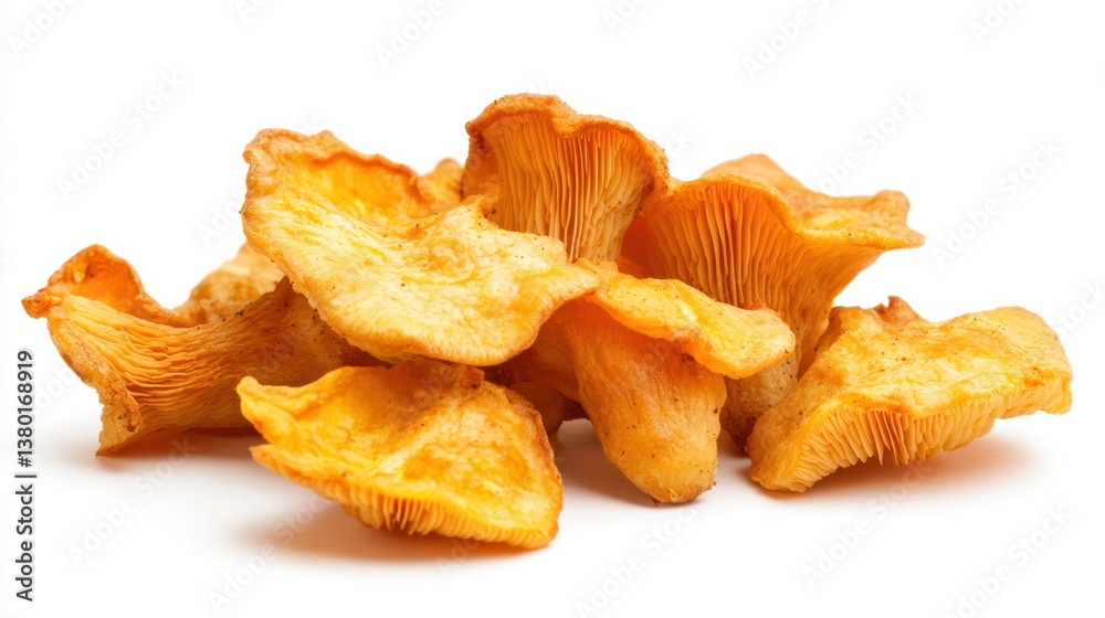 Bright Yellow Chanterelle Mushrooms Piled Together on a Clean White Background for Culinary Uses and Cooking Inspiration Bright Yellow Chanterelle Mushrooms Piled Together on a Clean White Background for Culinary Uses and Cooking Inspiration