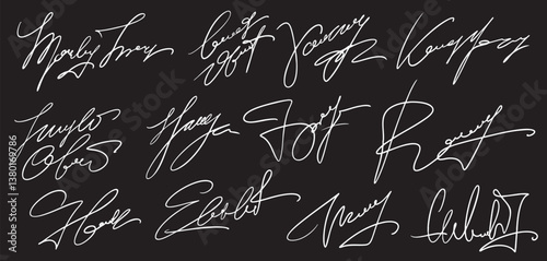 Set of Hand written signature. Different example signatures isolated in black background. Vector illustration set of hand drawn name imprint. Collection of signatures, handwriting, autographs.