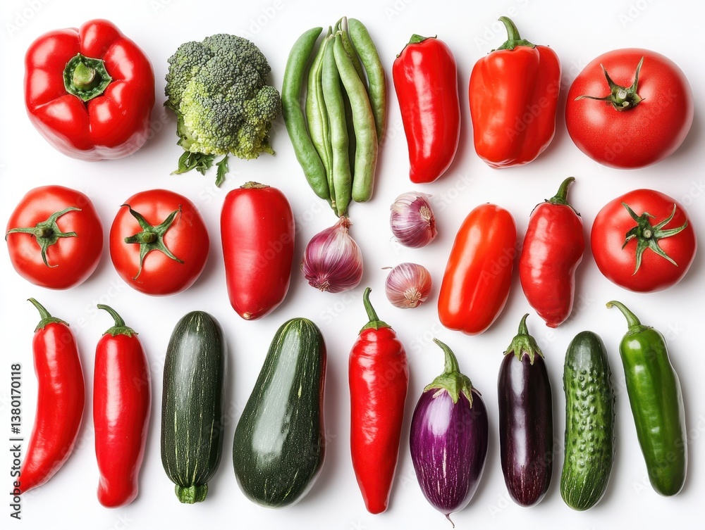 A beautifully neat arrangement of various fresh vegetables displayed on a white background for a bright and healthful look A beautifully neat arrangement of various fresh vegetables displayed on a white background for a bright and healthful look