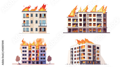 Intense and dramatic vector graphic design depicting a fire in a modern multi-storey residential building, illustrating the urgency and danger of an emergency situation.