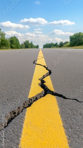 Cracked asphalt road with yellow line in countryside landscape