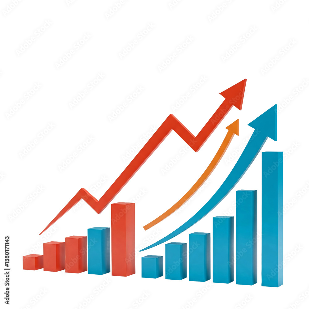 3D rendering of upward trending bar chart with arrows, isolated on a transparent background, png image, symbolizing growth, success, and progress in business 3D rendering of upward trending bar chart with arrows, isolated on a transparent background, png image, symbolizing growth, success, and progress in business