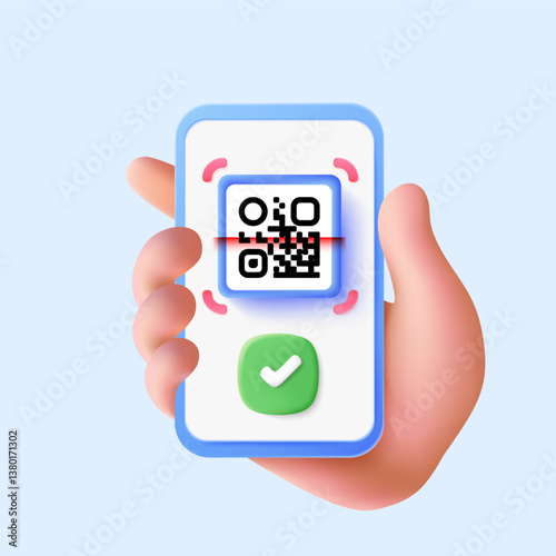 3D hand holding smartphone scanning QR code with confirmation check mark – mobile payment concept
