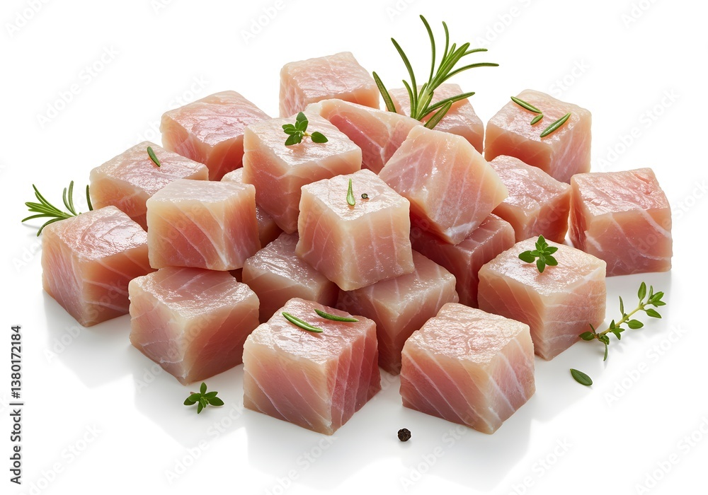 Fresh Raw Tuna Cubes with Herbs - Culinary Delight, Seafood, Gourmet Ingredients. Fresh Raw Tuna Cubes with Herbs - Culinary Delight, Seafood, Gourmet Ingredients.