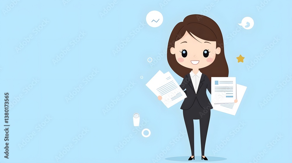 A cheerful professional looking businesswoman holding important documents and exuding a sense of confidence and competence A cheerful professional looking businesswoman holding important documents and exuding a sense of confidence and competence