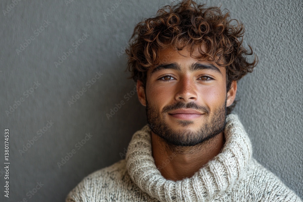 Smiling young man with tousled wavy hair and facial stubble wearing gray knit sweater in soft natural light indoors Generative AI