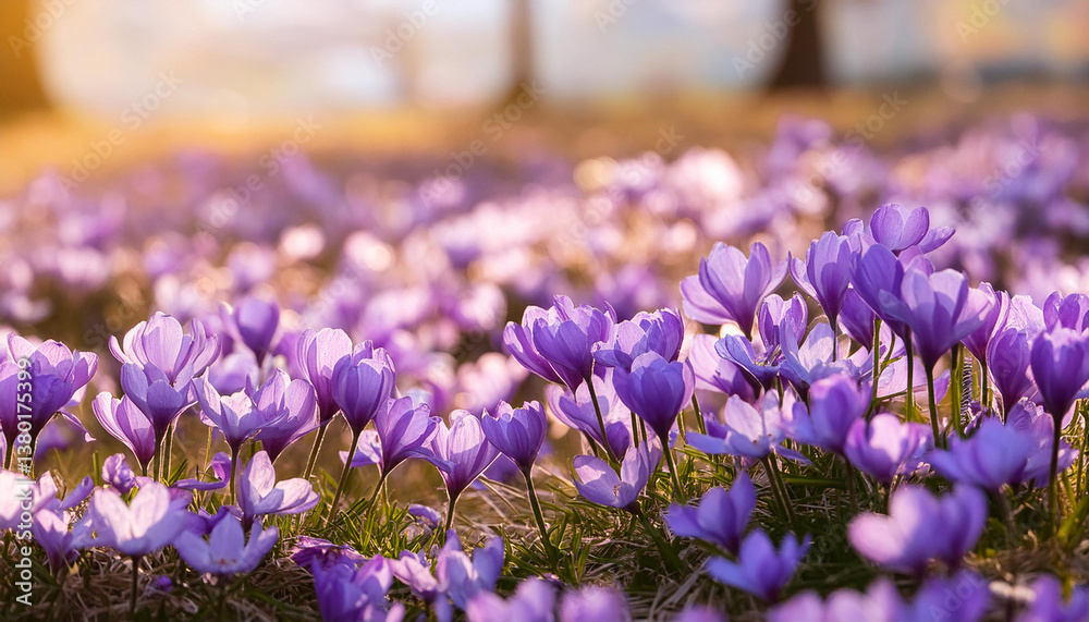 Field of purple flowers in full bloom, soft focus. Summer meadow, botanical nature, delicate petals