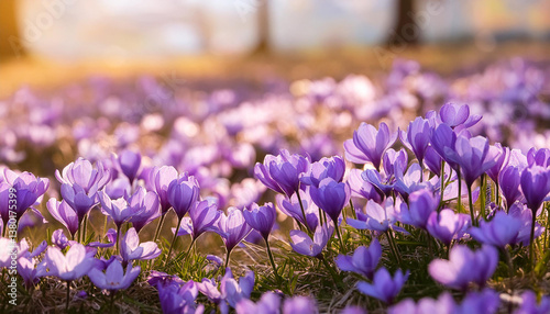 Obraz na płótnie Field of purple flowers in full bloom, soft focus. Summer meadow, botanical nature, delicate petals w salonie